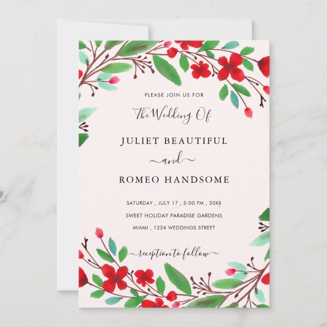 Red Flowers Watercolor Wedding Invitation Template (Front)
