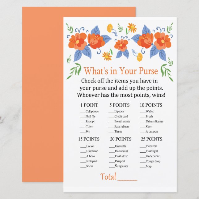 Red flowers What's in your purse game (Front/Back)