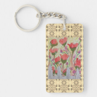 Red Flowers White Fence 2 Key Ring