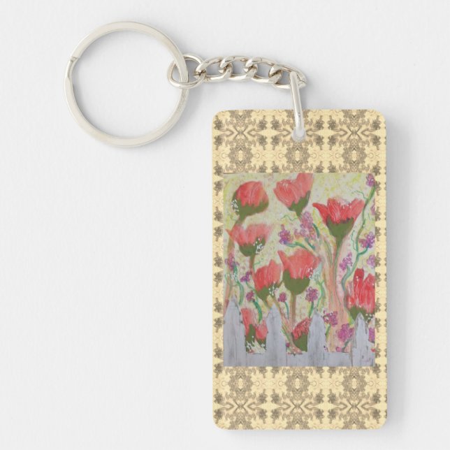 Red Flowers White Fence 2 Key Ring (Front)