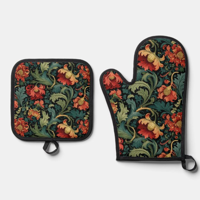 Red Flowers William Morris  Oven Mitt & Pot Holder Set (Front)