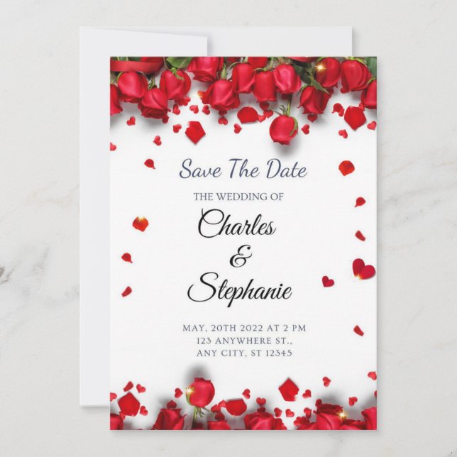 Red flowers with romantic red hearts invitation (Front)