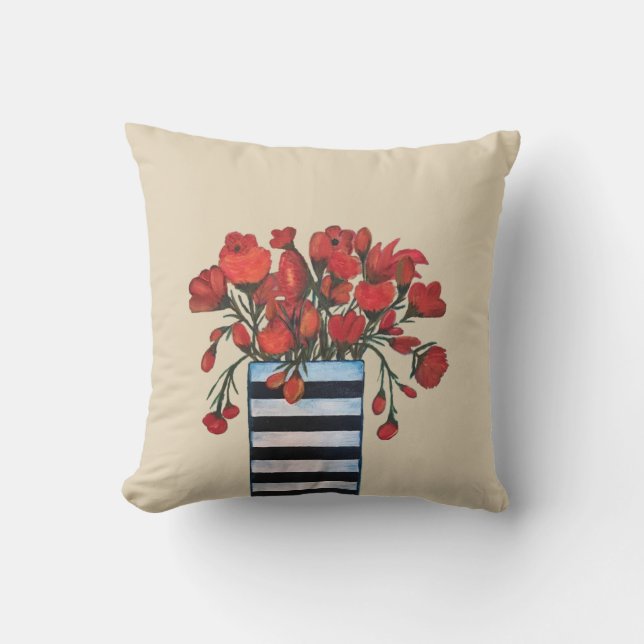 Red Flowers with Striped Vase Fine Art Cushion (Front)