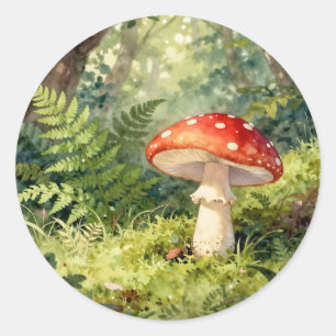 Red Fly Agaric Mushroom Watercolor Forest Scene Classic Round Sticker