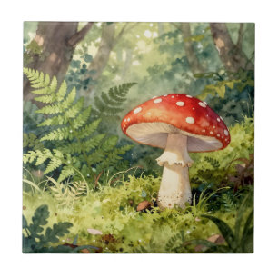 Red Fly Agaric Mushroom Watercolor Forest Scene Tile