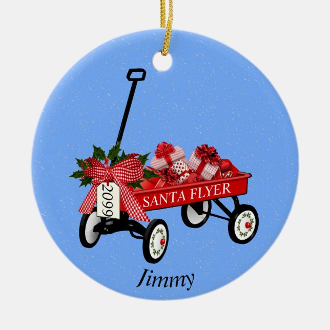 Red Flyer Wagon Ceramic Christmas Personalised Tree Decoration (Front)