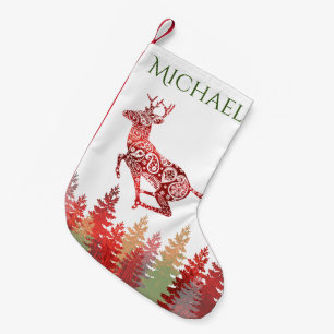 Red Foil Reindeer Forest Name Small Christmas Stocking