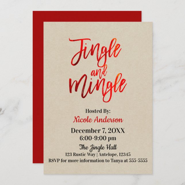 Red Foil Sleek Shine Modern Jingle & Mingle Party Invitation (Front/Back)
