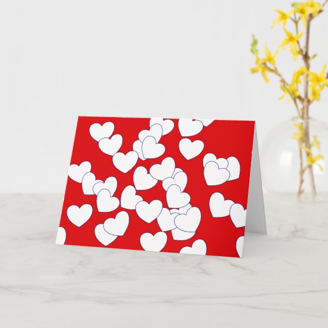 Red Folded Greeting Card With White Love Hearts (Yellow Flower)