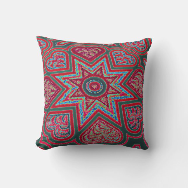 Red Folk Art Hearts Throw Pillow (Front)