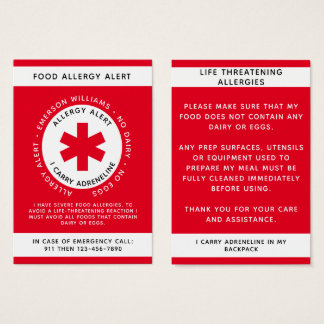 Red Food Allergy Alert Card