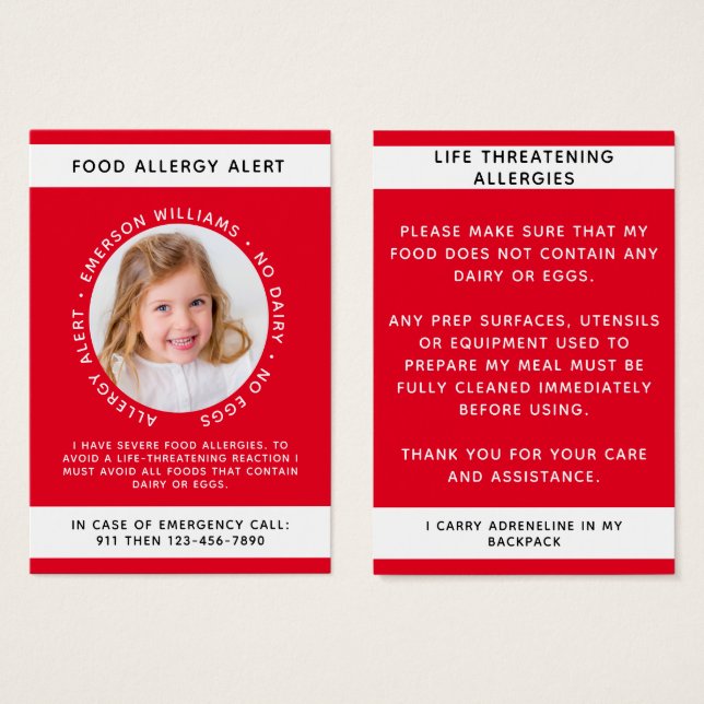 Red Food Allergy Alert Photo Chef Card (Front & Back)