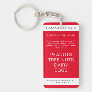 Red Food Allergy Medical Alert Emergency Contact Key Ring