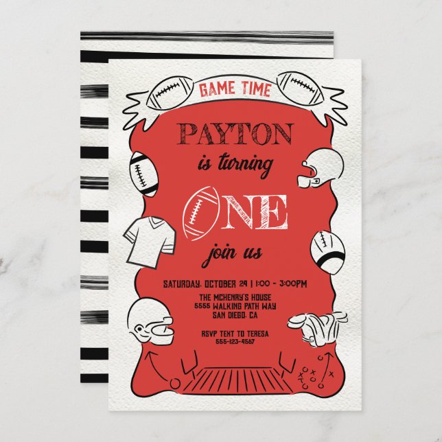 Red Football 1st One Hand drawn Birthday Invitation (Front/Back)