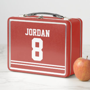 Red Football Jersey with Custom Name and Number Metal Lunch Box
