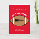 Red Football Sport 14th Birthday Card<br><div class="desc">A red personalised football 14th birthday card for grandson, godson, son, etc. You can easily personalise the front of this sports birthday card with his age and name. The inside card message and back of the card can also be personalised for the birthday recipient. This football birthday card for him...</div>