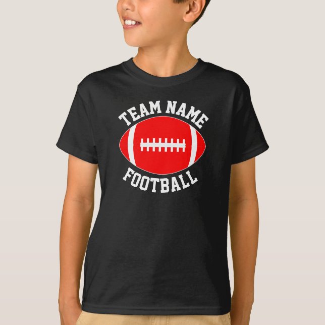 Red Football Team Name, Player and Number Sports T-Shirt (Front)
