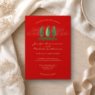 Red Forest Glitter Christmas Holiday Wedding Invitation