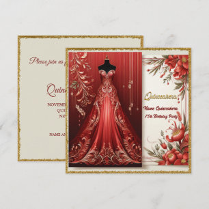 Red Formal Long Dress Quinceañera Birthday Invite