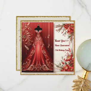 Red Formal Long Dress Quinceañera Thank You Card