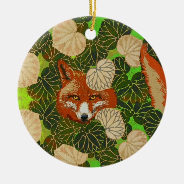 RED FOX AMONG THE GREEN LEAVES AND FOLIAGE  CERAMIC TREE DECORATION (Front)