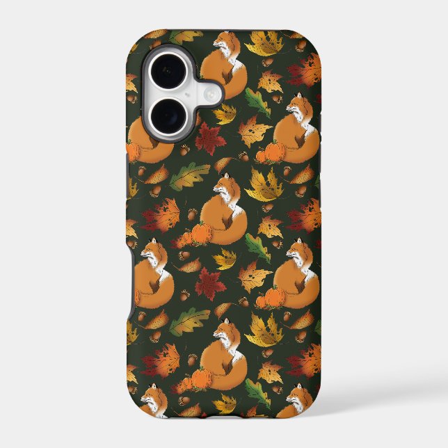 Red Fox Autumn Leaves Acorns Green Pattern (Back)