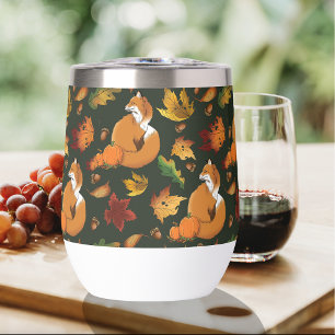 Red Fox Autumn Leaves Acorns Green Pattern
