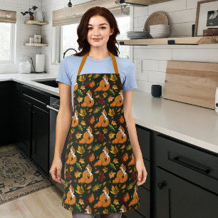 Red Fox Autumn Leaves Acorns Green Pattern Apron
