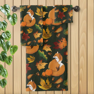 Red Fox Autumn Leaves Acorns Green Pattern Bath Towel Set