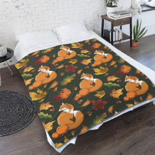 Red Fox Autumn Leaves Acorns Green Pattern Fleece Blanket