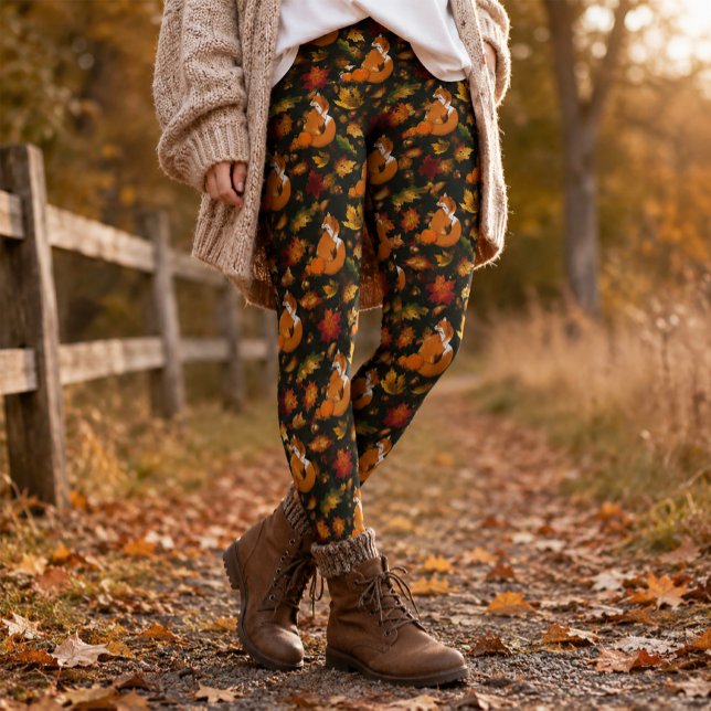 Red Fox Autumn Leaves Acorns Green Pattern Leggings (Creator Uploaded)