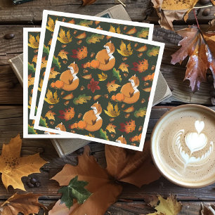 Red Fox Autumn Leaves Acorns Green Pattern Napkin