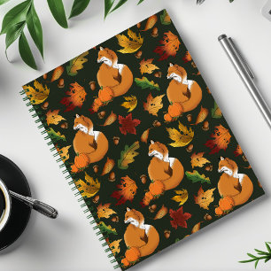 Red Fox Autumn Leaves Acorns Green Pattern Notebook