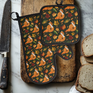 Red Fox Autumn Leaves Acorns Green Pattern Oven Mitt & Pot Holder Set