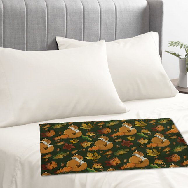 Red Fox Autumn Leaves Acorns Green Pattern Pillowcase (Creator Uploaded)