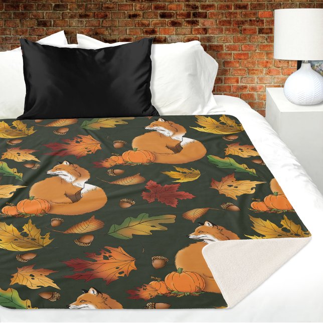 Red Fox Autumn Leaves Acorns Green Pattern Sherpa Blanket (Creator Uploaded)