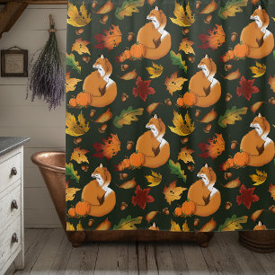 Red Fox Autumn Leaves Acorns Green Pattern Shower Curtain