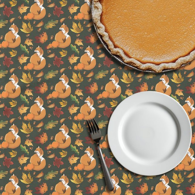 Red Fox Autumn Leaves Acorns Green Pattern Tablecloth (Creator Uploaded)
