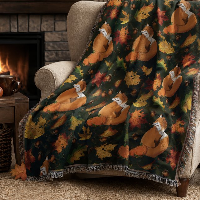 Red Fox Autumn Leaves Acorns Green Pattern Throw Blanket (Creator Uploaded)