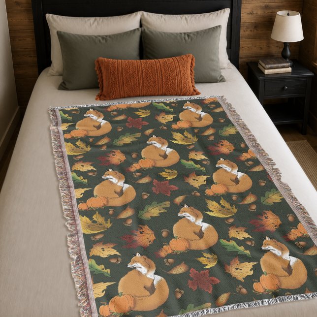 Red Fox Autumn Leaves Acorns Green Pattern Throw Blanket (Creator Uploaded)