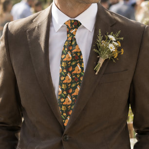 Red Fox Autumn Leaves Acorns Green Pattern Tie
