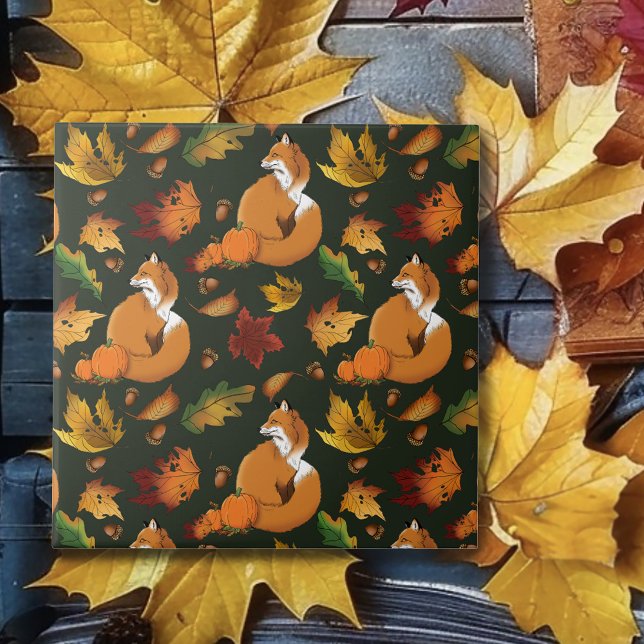 Red Fox Autumn Leaves Acorns Green Pattern Tile (Creator Uploaded)