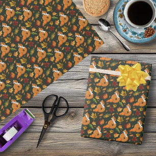 Red Fox Autumn Leaves Acorns Green Pattern Wrapping Paper