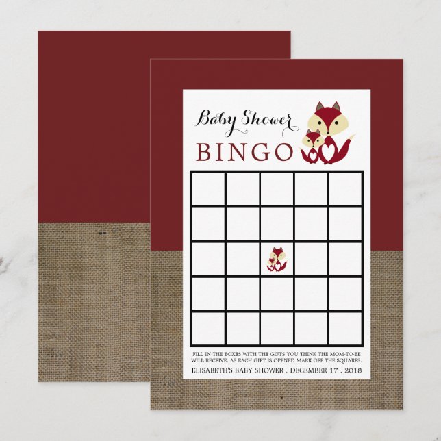 Red Fox Burlap Baby Shower Bingo Invitation (Front/Back)