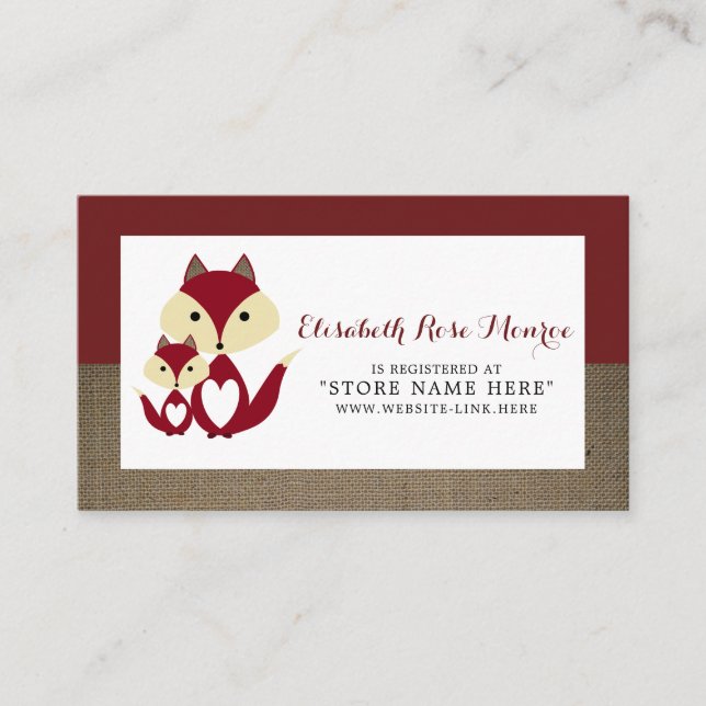 Red Fox Burlap Baby Shower Gift Registry Enclosure Card (Front)