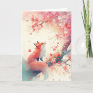 Red Fox Cherry Blossom Tree Card
