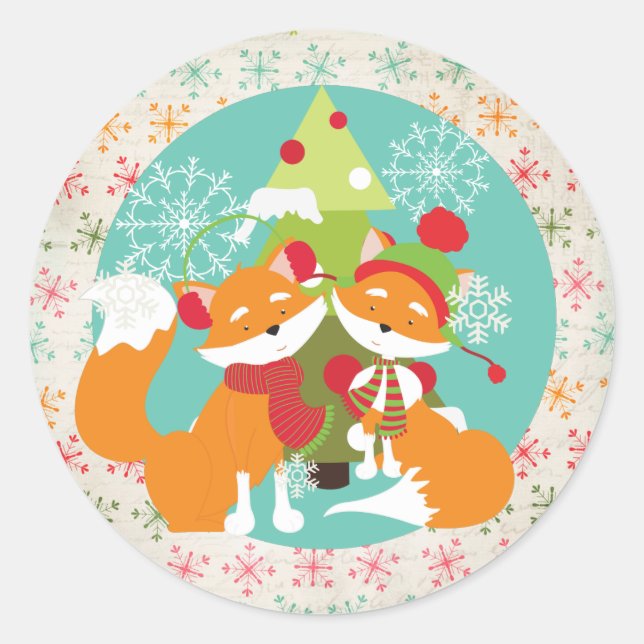 Red Fox Christmas Holiday Round Sticker (Front)