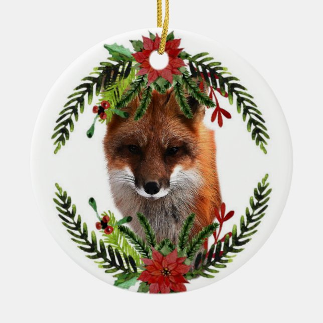 Red Fox Christmas Wildlife Ornament, 2-sided Ceramic Tree Decoration (Front)