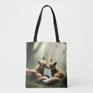Red Fox Cuddle in Misty Forest Tote Bag