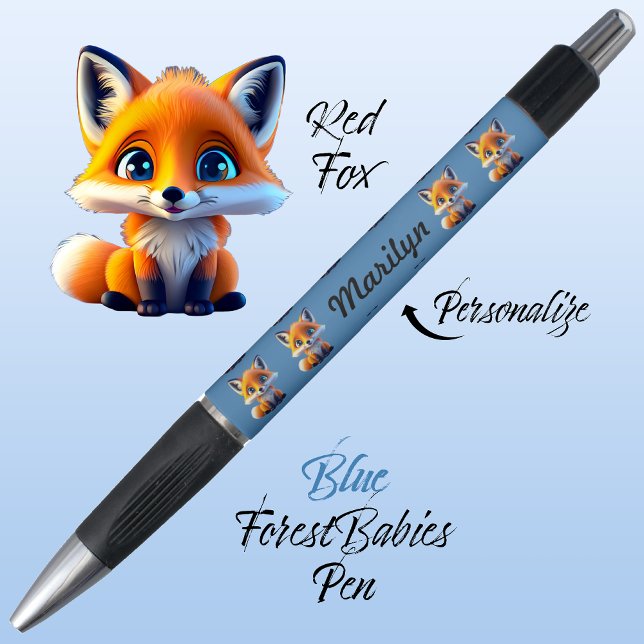Red Fox, Cute Colourful Blue Childrens School Ink (Cute Whimsical Red Fox Cartoon Graphic, blue Personalizable ForestBabies Pen 🦊)